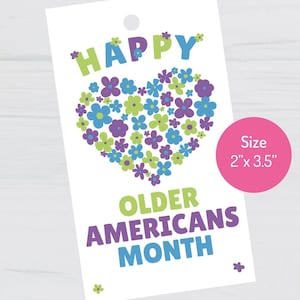 Étiquette-cadeau coeur floral joyeux mois des Américains âgés, étiquette d'appréciation imprimable pour les aînés, faveur de célébration des aînés, étiquette de mai pour la fête des Américains âgés