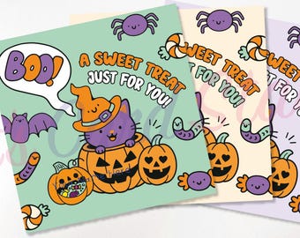Etiquetas imprimibles para regalos de Halloween con diseño de gato adorable, etiquetas para obsequios infantiles (descarga digital)