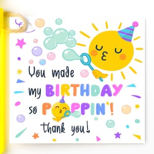 Etiqueta de lembrancinha de aniversário com bolhas para impressão, você fez meu aniversário tão animado, etiqueta de agradecimento para festa infantil, etiqueta de presente de brinquedo com bolhas, etiqueta de aniversário fofa