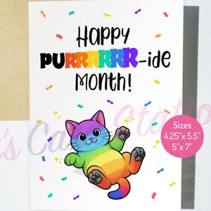 Joyeux mois de ronronnement-ide carte imprimable - jolie carte de fierté de chat arc-en-ciel - carte de chat arc-en-ciel de fierté LGBTQ - LGBTQIA + carte de voeux
