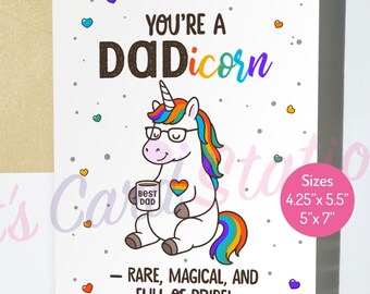 Printable LGBT Dadicorn Father&#39;s Day Card: Rainbow Unicorn Design (Digital Download, 5x7 & 4.25x5.5 inches)