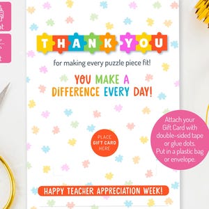 Porta tarjetas de regalo con rompecabezas para maestros de educación especial, porta tarjetas de agradecimiento - Semana del maestro de necesidades especiales, imprimible para la semana del maestro