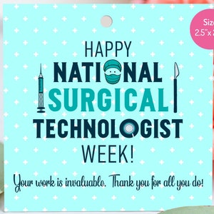 May include: A light blue card with white plus signs printed on it. The card says "Happy National Surgical Technologist Week!" with a cartoon illustration of a surgical mask, syringe, and scalpel. The text also says "Your work is invaluable. Thank you for all you do!" and "It's Card Station". The card is 2.5 inches by 2.5 inches.