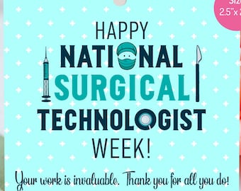 May include: A light blue card with white plus signs printed on it. The card says "Happy National Surgical Technologist Week!" with a cartoon illustration of a surgical mask, syringe, and scalpel. The text also says "Your work is invaluable. Thank you for all you do!" and "It's Card Station". The card is 2.5 inches by 2.5 inches.