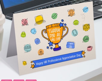 May include: A greeting card with a cartoon trophy and the text "Thank for all you do!"  The card has a grid pattern and is decorated with various cartoon icons related to human resources. The text "Happy HR Professional Appreciation Day" is at the bottom of the card.