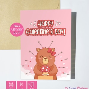 Sweet Pink Galentine's Day Card voor Bestie, vriendin, zus, moeder, dochter - afdrukbare schattige beer Valentijnsdag kaart - Instant Download