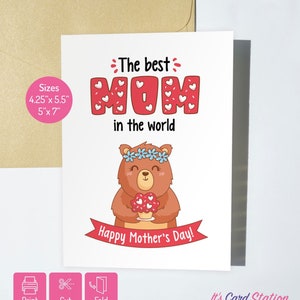 Tarjeta linda para el Día de la Madre con diseño de oso / Tarjeta de felicitación para el Día de la Madre con un dulce oso / Tarjeta imprimible para mamá con un lindo oso para el Día de la Madre