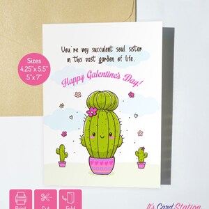 Cartão de Dia das Galentine com Cactos Fofos para Imprimir | Cartões de Dia dos Namorados Fofos para Irmã, Melhor Amiga ou BFF | Cartões Digitais para Amantes de Cactos