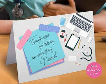 May include: A thank you card for a nurse with a blue and pink sticky note that says "Thank you for being an amazing Nurse!" The card has a medical theme with a stethoscope, a laptop, a cell phone, a bandage, a syringe, a clipboard, a pencil, a face mask, and pills.