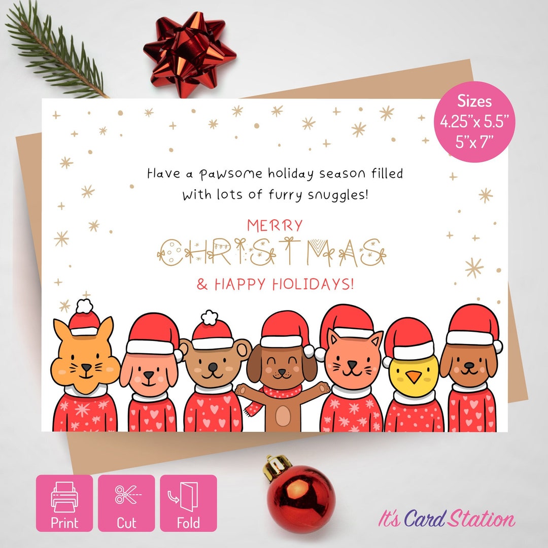 Printable Cute Cat and Dog Xmas Greeting Card - Pawsome Merry Christmas ...