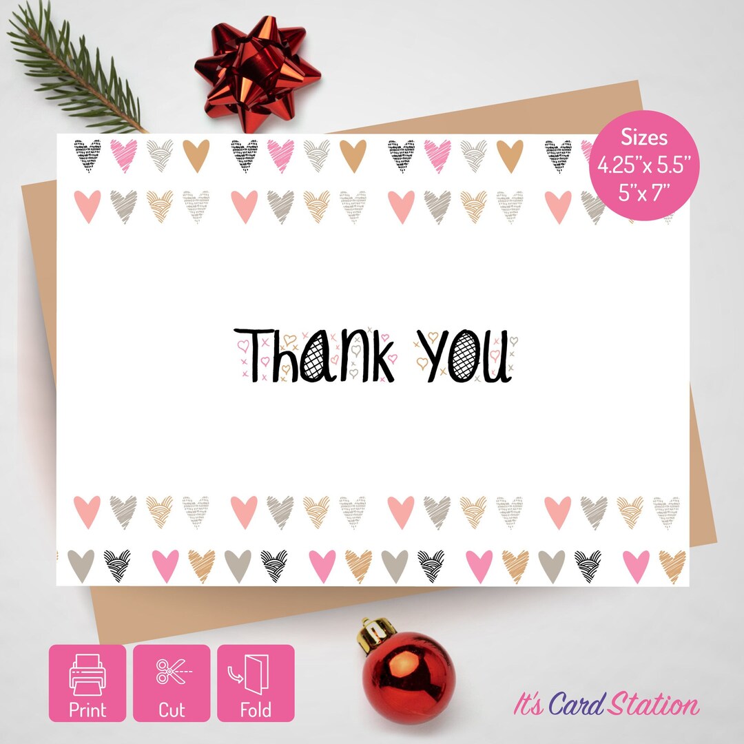 Printable Cute Heart Thank You Card Cute Holiday Thank You Note Card ...