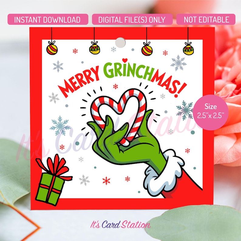 Merry Grinchmas Candy Cane Gift Tags - Printable Christmas Favor ...