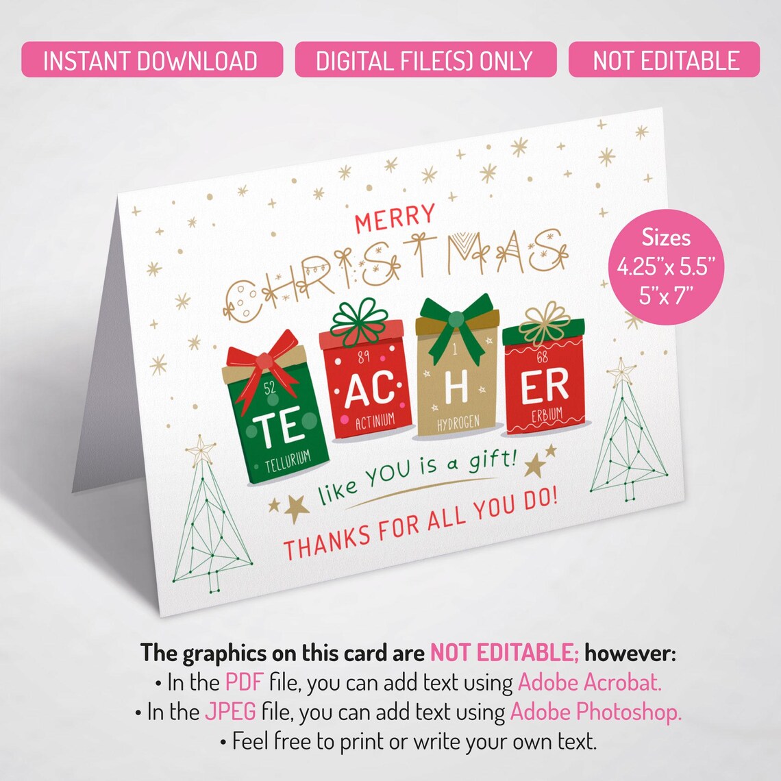 Science Teacher Christmas Card Printable Thank You Teacher Xmas Card ...