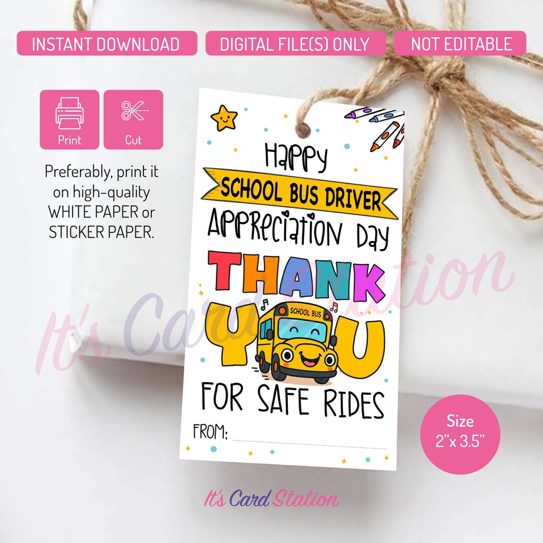 School Bus Driver Thank You Gift Tag – Printable Appreciation (2x3.5 ...