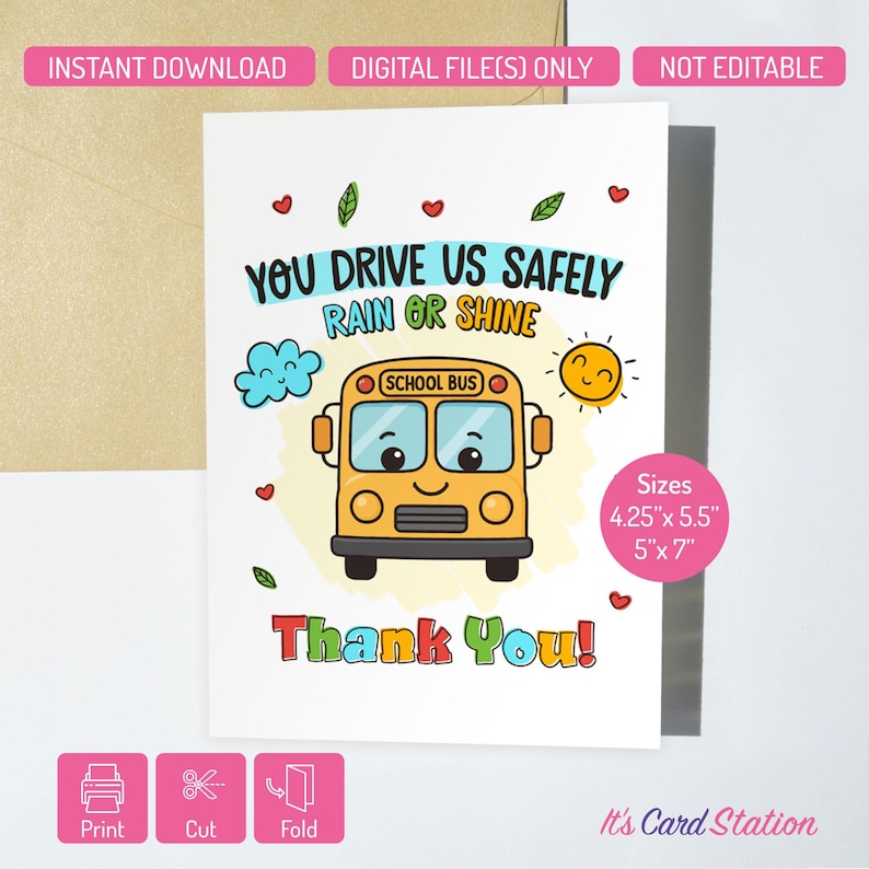 Printable School Bus Driver Thank You Card: Appreciation Gift (digital ...