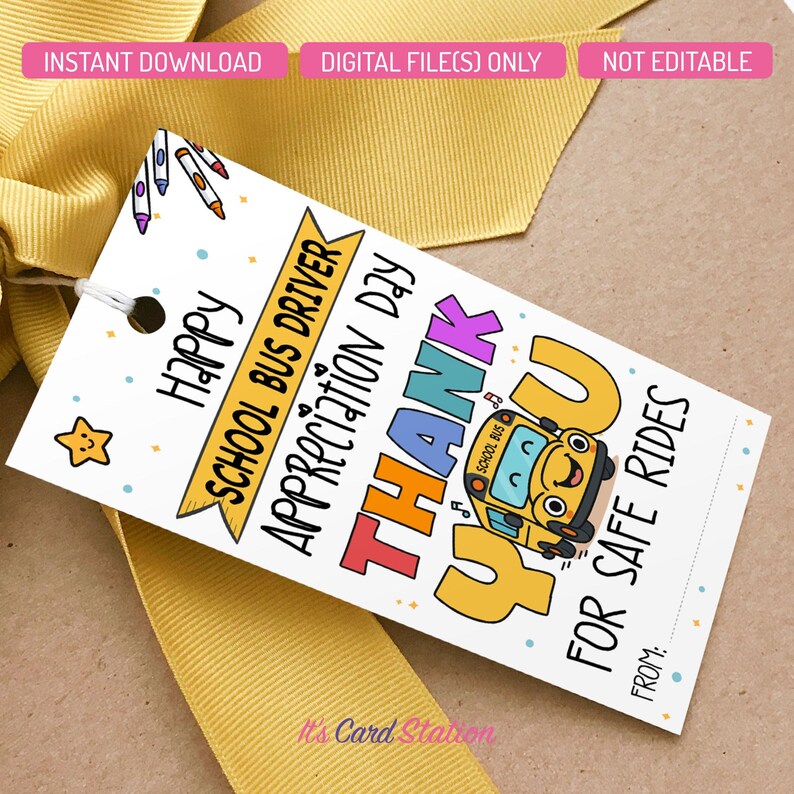 School Bus Driver Thank You Gift Tag – Printable Appreciation (2x3.5 ...