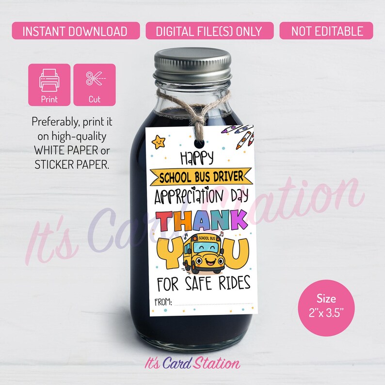 School Bus Driver Thank You Gift Tag – Printable Appreciation (2x3.5 ...