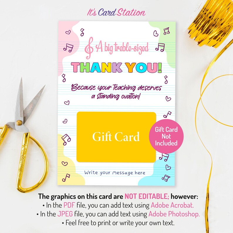 Music Teacher Thank You Card: Treble Clef Gift Card Holder (digital ...