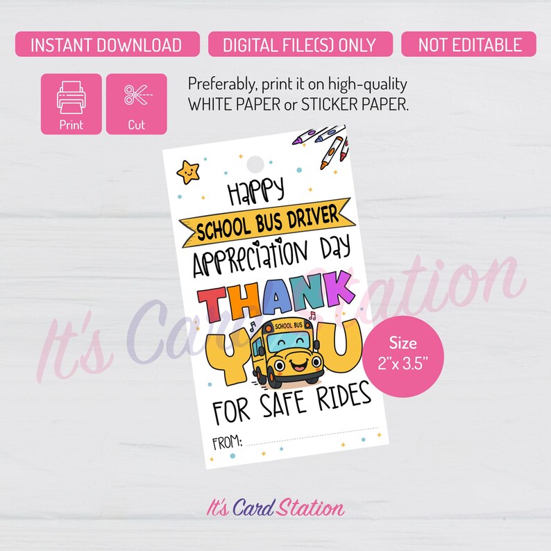School Bus Driver Thank You Gift Tag – Printable Appreciation (2x3.5 ...