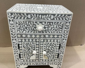 Bone Inlay Black Floral Pattern Bedside And Side table With One Drawer & Two Door Furniture