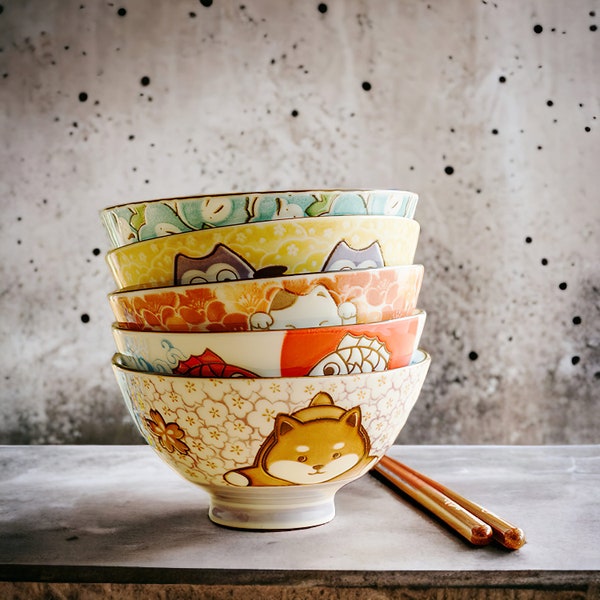 Handgemachte Keramikschale mit japanischem Cartoon-Stil | Ramen Schüssel, Keramikschale, Bol Ramen, Sammlung, Handbemalt, Frühstück, Keramikschale