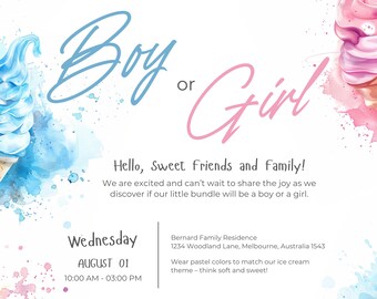 May include: A gender reveal party invitation with a blue and pink watercolor background. The text reads "Get the scoop: It's a sweet surprise" and "Boy or Girl". The invitation includes the date, time, and location of the party. It also mentions an ice cream social and a special ice cream surprise.
