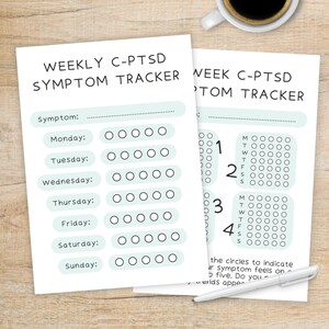 Può includere: Un tracker settimanale dei sintomi di C-PTSD stampabile con uno sfondo blu chiaro. Il tracker ha una sezione per elencare i sintomi e una griglia per tracciare la gravità dei sintomi su una scala da 1 a 5 per ogni giorno della settimana.