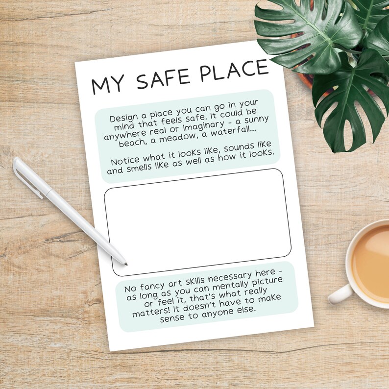 K&ouml;nnte beinhalten: Ein druckbares Arbeitsblatt mit dem Titel "Mein sicherer Ort". Das Arbeitsblatt fordert den Benutzer auf, einen Ort in seinem Kopf zu entwerfen, der sich sicher anf&uuml;hlt. Es enth&auml;lt einen leeren Bereich, in dem der Benutzer seinen sicheren Ort zeichnen oder schreiben kann.