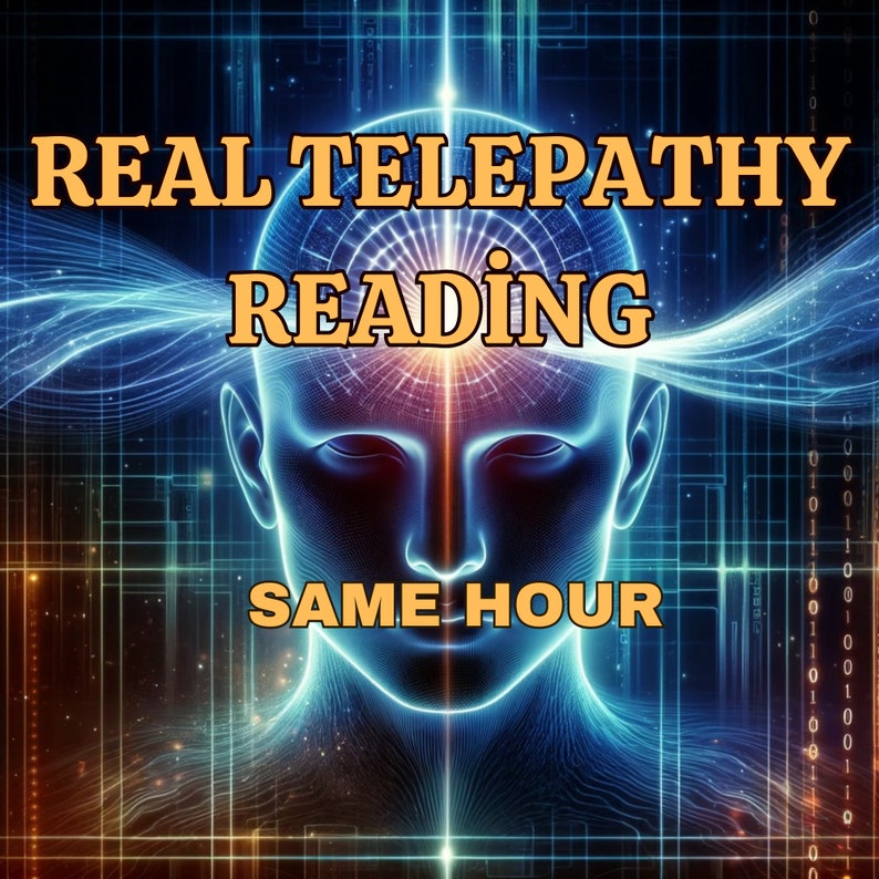 May include: A digital illustration of a person's head with a glowing light emanating from the center of their forehead. The text "REAL TELEPATHY READING SAME HOUR" is displayed in yellow letters on a blue and black grid background.