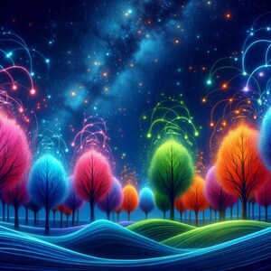 May include: A digital illustration of a night sky with a galaxy of stars and colorful trees with glowing lights. The trees are arranged in a row and are different colors, including pink, blue, green, and orange.