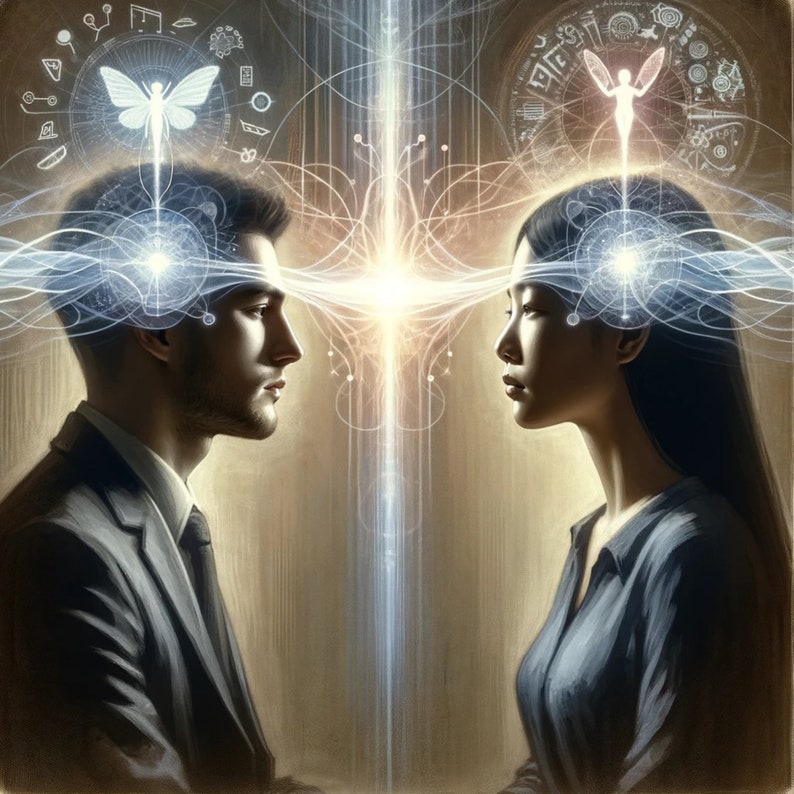 May include: A digital art illustration of a man and woman facing each other. They are both looking at each other with a serious expression. The man is wearing a dark suit and the woman is wearing a dark dress. There are abstract designs and symbols above their heads, including a butterfly and a fairy.