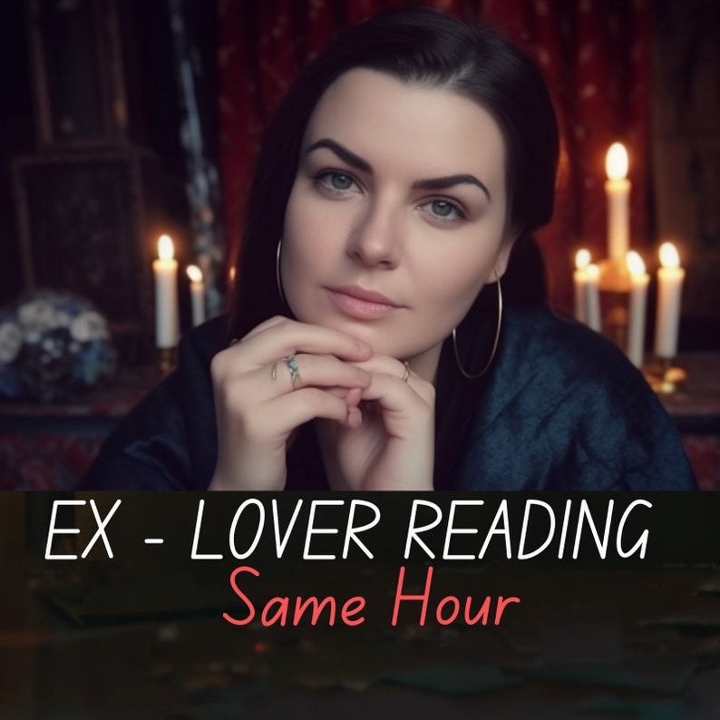 May include: A woman with dark hair and a blue shirt sits in front of a dark background with lit candles. The text "EX - LOVER READING Same Hour" is displayed in white letters on a black background.
