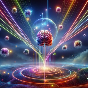 May include: A colorful abstract illustration of a brain with rainbow lines radiating outward from it. The brain is surrounded by a sphere with stars and a ring of smaller brains. The background is a dark blue with clouds.