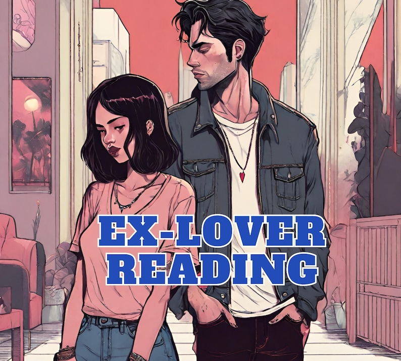 May include: A woman with dark hair and a pink shirt stands next to a man with dark hair wearing a blue denim jacket. The text "EX-LOVER READING" is in large blue letters.