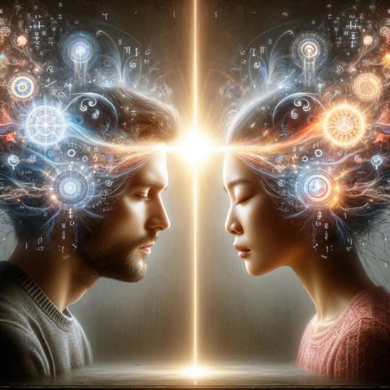 May include: A digital art illustration of two people facing each other with their heads tilted down.  The background is a swirling mix of colors and abstract shapes.