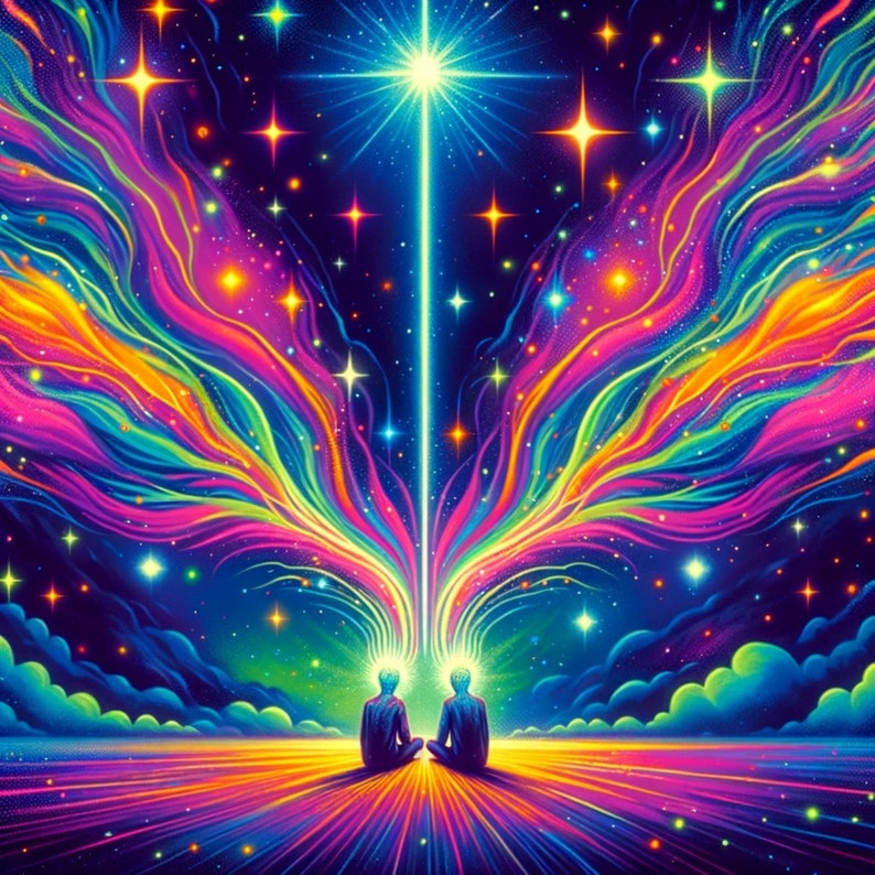 May include: Two figures sit facing a bright white light emanating from the center of a swirling rainbow galaxy. The light is surrounded by a dark blue sky with many stars.