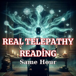 May include: A person sits in a dimly lit room with candles and books, surrounded by swirling blue energy and symbols. The text "REAL TELEPATHY READING Same Hour" is displayed in red.