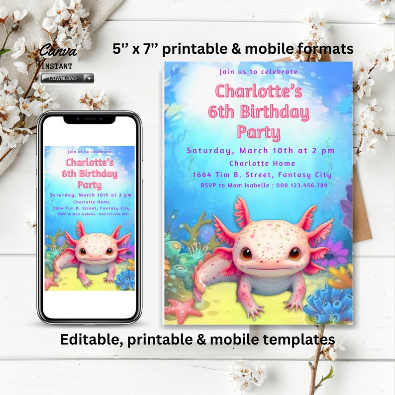Editable Axolotl Birthday Invitation Template, Axolotl Birthday Invite ...