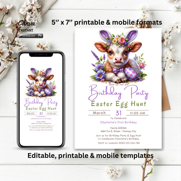 Editable Easter Birthday Invitation template, Holly Cow, Printable invite, kids Party, Invite E-Invitate,  Egg Hunt, Instant Download, canva