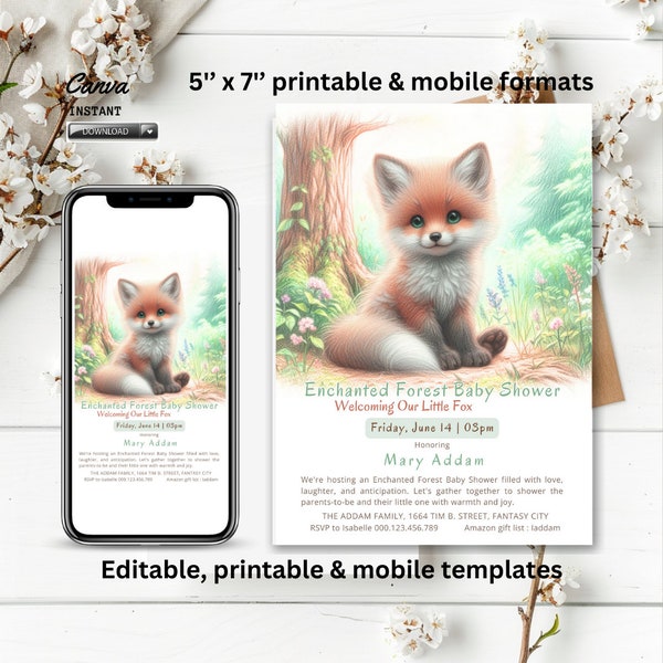 Editable Fox Baby Shower Invitation template, little baby animal, watercolor Woodland, Rustic Botanical, Boho Wildlife Theme, Greenery