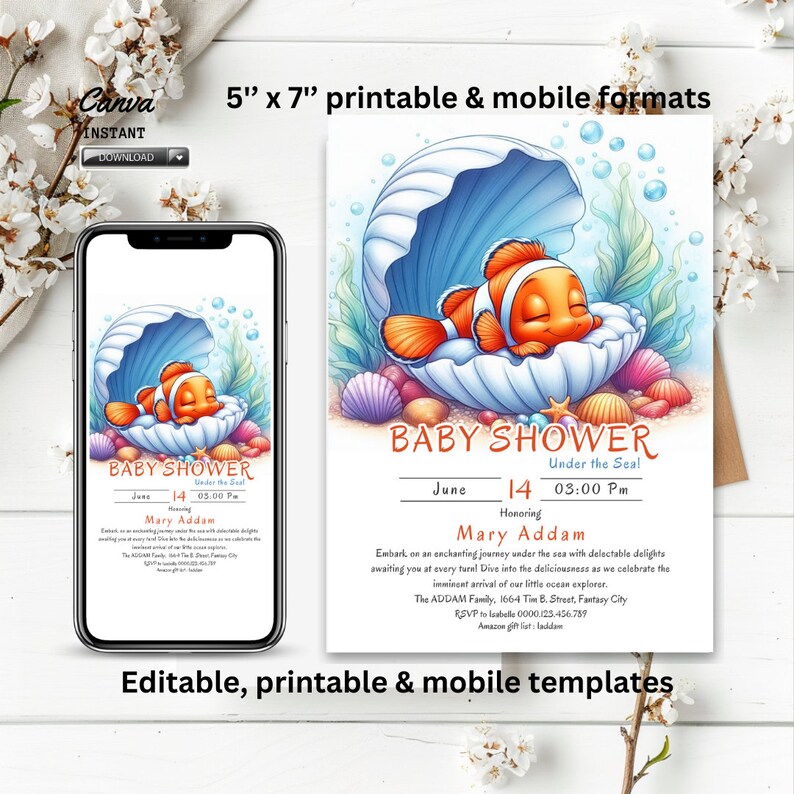 Editable Nemo Baby Shower Invitation Template, Finding Nemo Invite, Sea ...