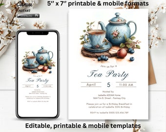 Editable Tea Party Birthday Invitation, Par-Tea Invite, Floral Pink blue, Whimsical Tea Download Printable Template, instant download