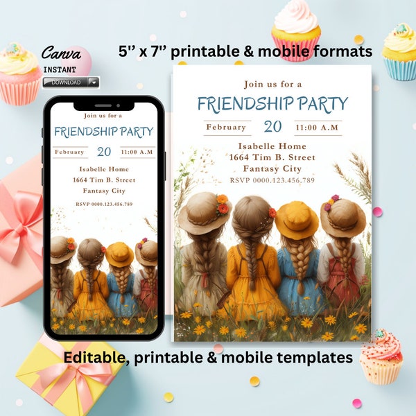 Editable Friendship Party Invitation template, Friends Party Day Brunch, Digital Invite, Editable Template Instant Download, Printable phone
