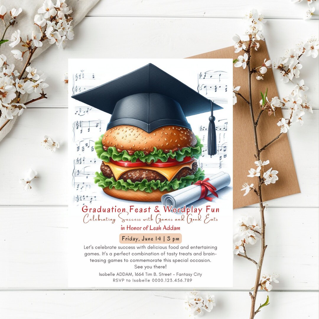 Grad Lunch Invite Editable Graduation Party Invitation Template, Hamburger BBQ Bash ...