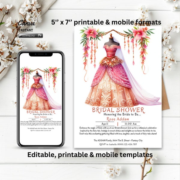 Editable Princess Bridal Shower Invitation Template, Merida Invite, Fantasy Themed, Girls Night out, fairytale birthday, Exotic Dress, Canva