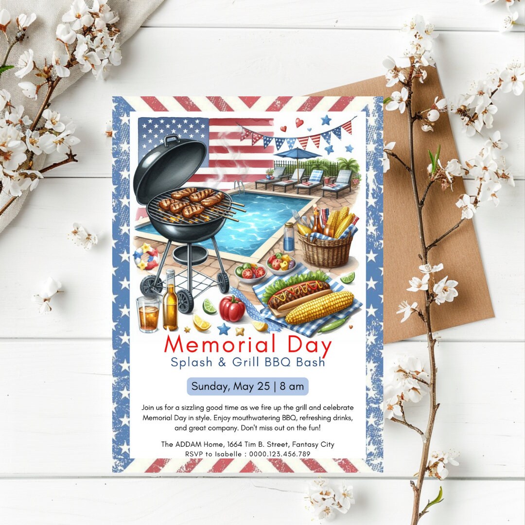 Editable Memorial Day Celebration Party Invitation Template, Pool Party ...