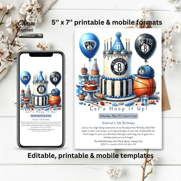 Editable Brooklyn Nets Invitation template, Brooklyn Nets Birthday Bash evite, NBA Playoff, Basket sport party, instant download, Canva