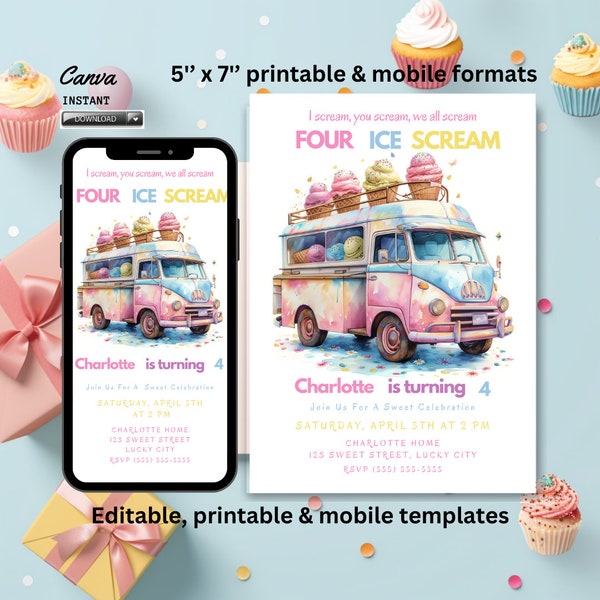 Editable Ice Cream Truck Birthday Invitation, Ice cream Party, Here's the Scoop Pink vanilla Purple Girl Birthday Printable Download, canva