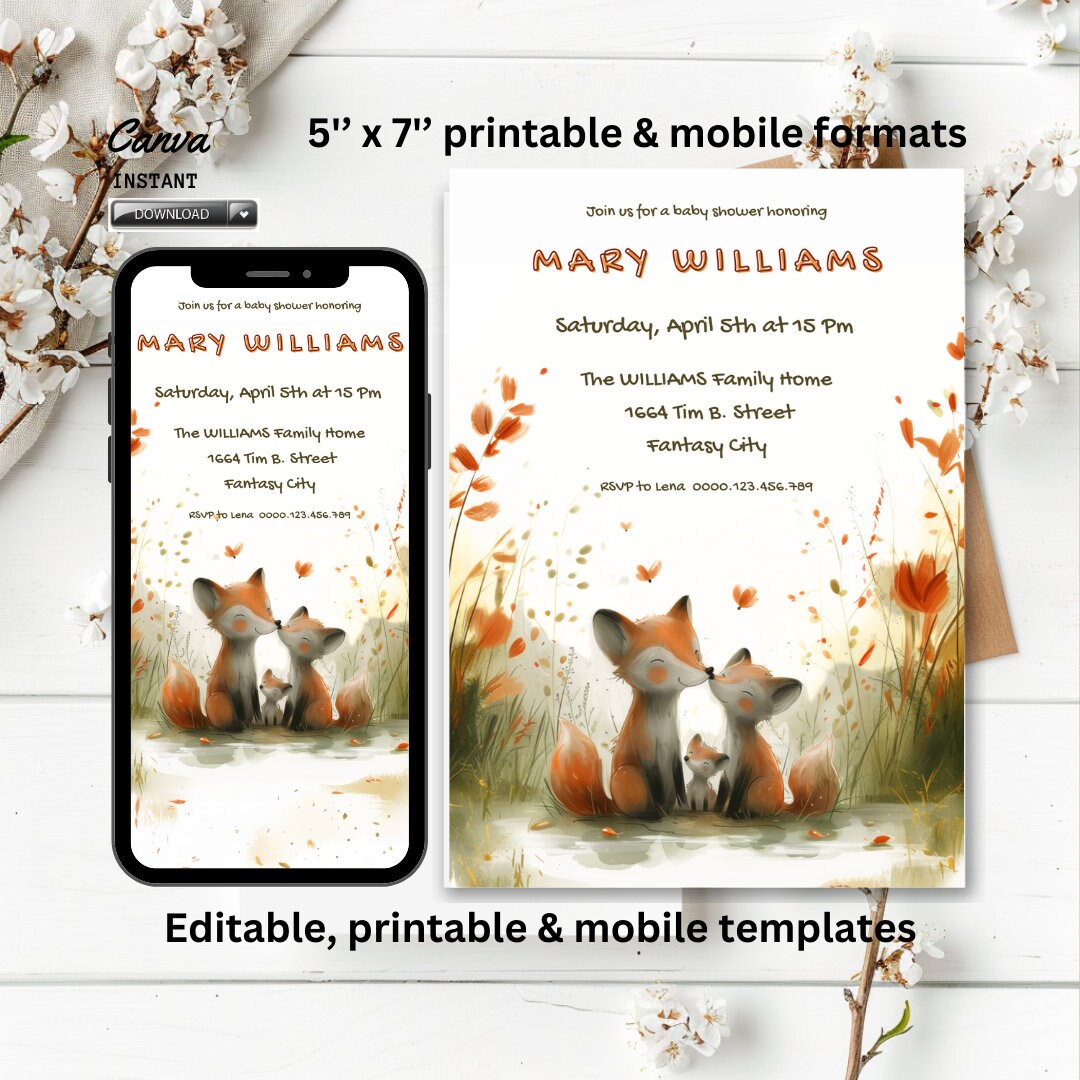Editable FOXES Baby Shower Invitation Template, Family Elephant ...