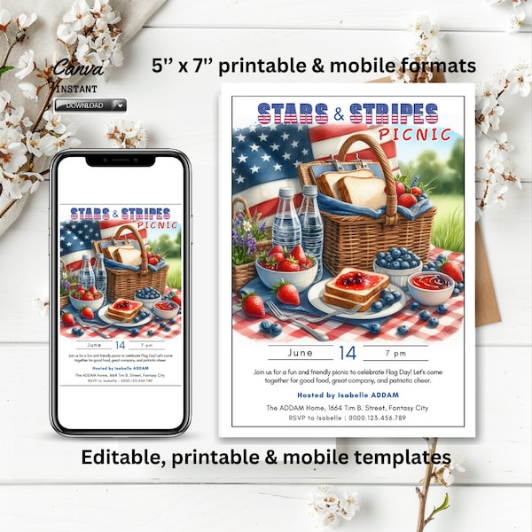 Editable Flag Day Party Invitation template,  PICNIC Breakfast Party Invite, American Flag Party, Memorial Day, 4th Of July, Patriotic event